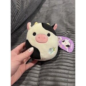 Squishmallows 4” Connor Black And White Cow Plush NWT Flower Easter